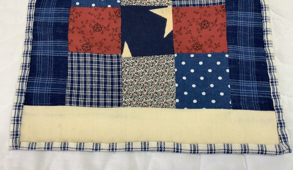 Patchwork Mini Quilt, Teddy Bear Quilt, Nine Patch, Calico Prints, Blue, 9” X 9”