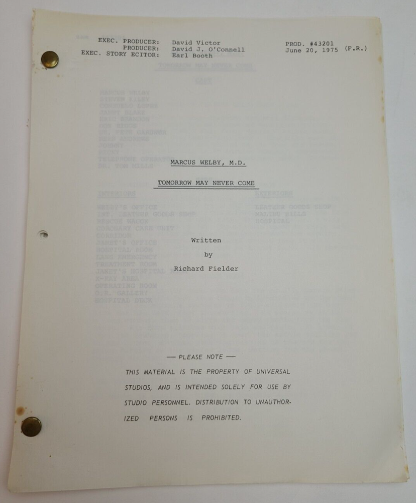 MARCUS WELBY, M.D. / Richard Fielder 1975 TV Script, "Tomorrow May Never Come"