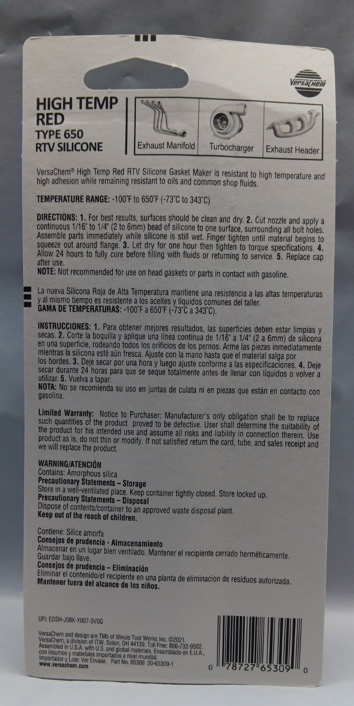 VersaChem High Temperature RED RTV Silicone Gasket Maker 65309 USA