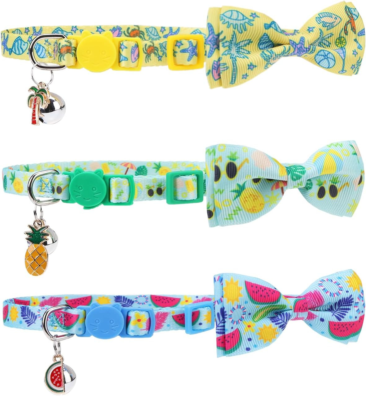 Summer Bow Tie Cat Collar with Bell - Breakaway Safety 3-Pack, Adjustable Bowtie