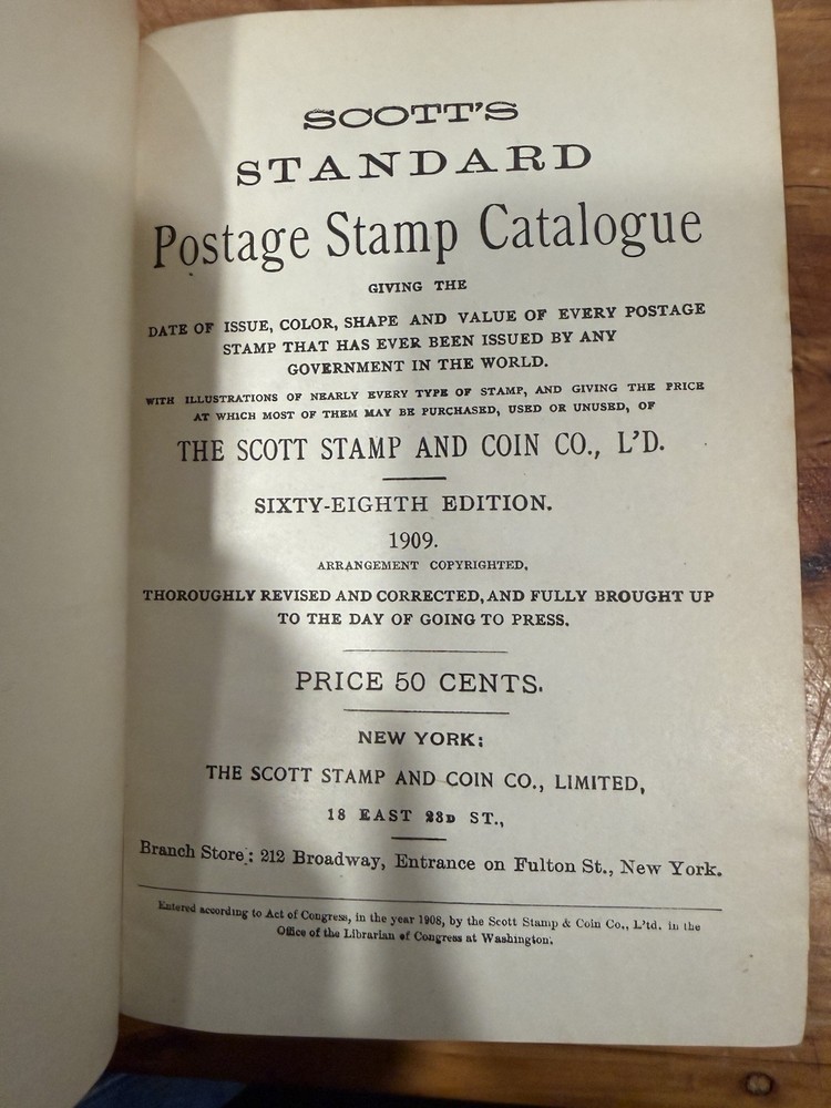 Antique 1909 Scott Stamp Catalogue + Local Stamps + 1900 Coin Price List Lot