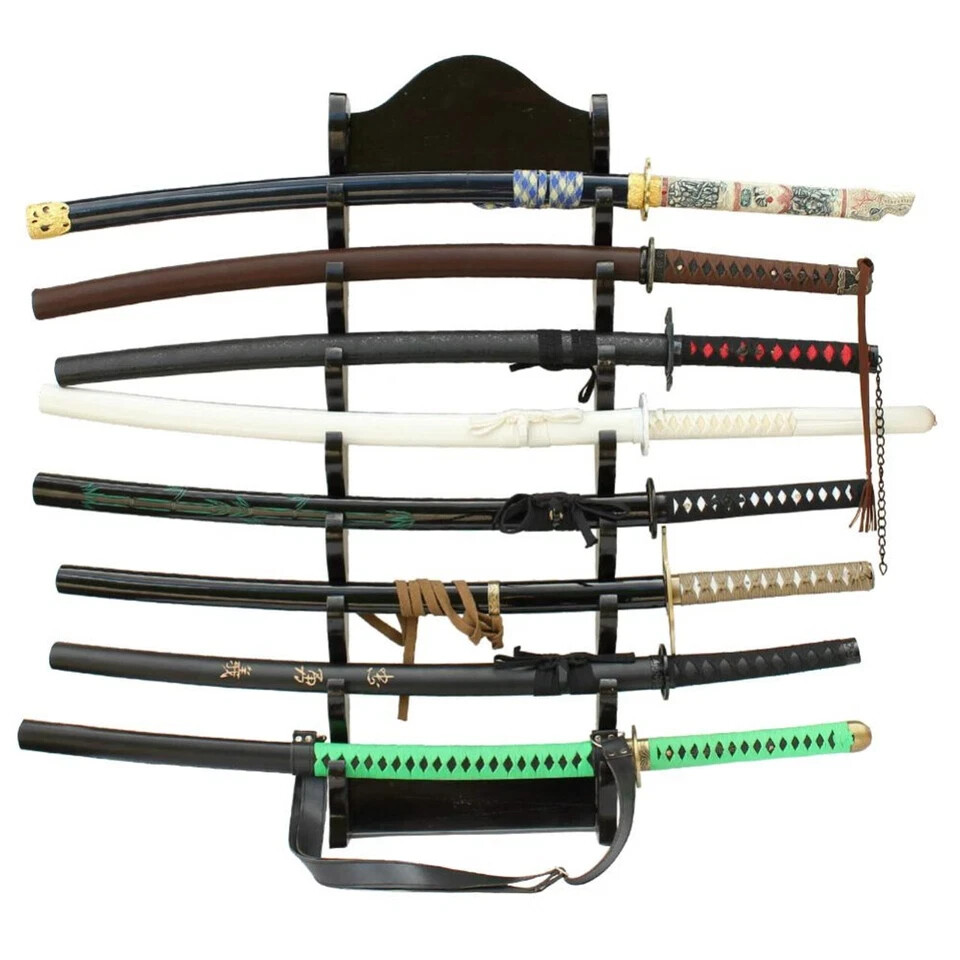 Premium Eight Tier Solid Wall Sword Display - Mango Wood Stand Overall 36"