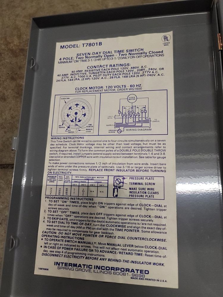 Intermatic T7801b Electromechanical Timer, 7 Day, 4 Poles AS-IS Untested