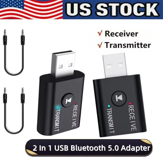 Bluetooth 5.0 2in1 Transmitter Receiver Car Wireless Audio Adapter USB 3.5mm Aux