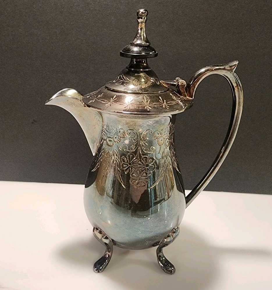 Silverplate Creamer Etched Floral Pattern, Footed, Hinged Lid  Marked EPNS USA