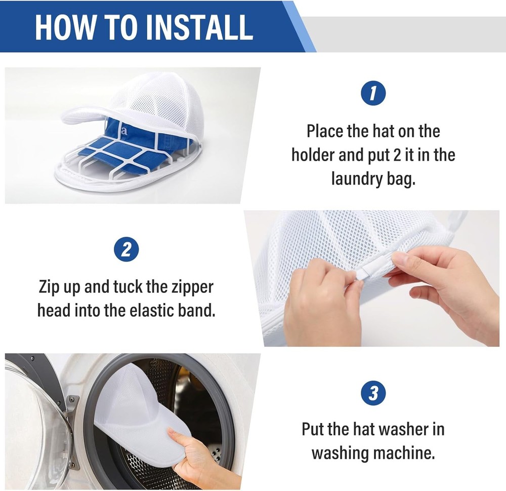 2 Pack Baseball hat Washer for Washing Machine - 2 Pack Hat Rack Hooks, Mesh Bag