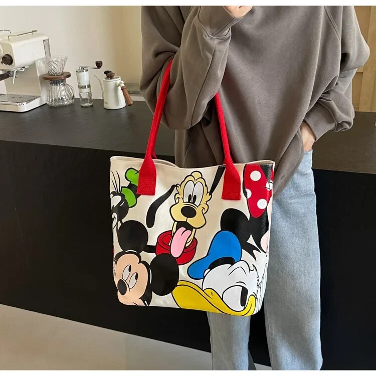 Disney Tote Bag With Zipper-Mickey,Pluto,Donald Goofy,Minnie-Canvas Red