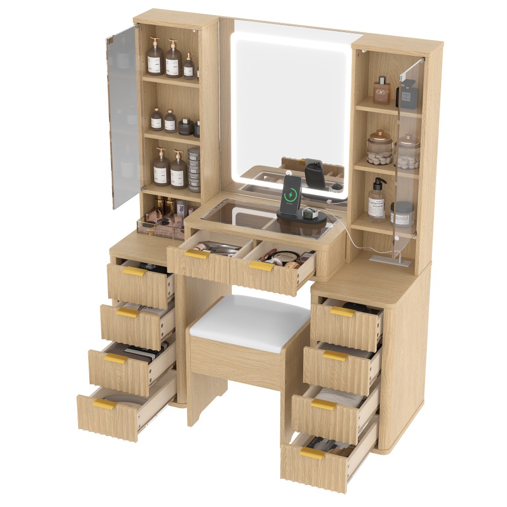 Cosmetic dresser with mirror, 10 drawers, stool, and charging station
