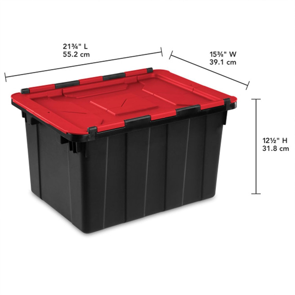6 Pack Stackable 12 Gal Totes with Hinged Lids - Black/Red Storage Bins