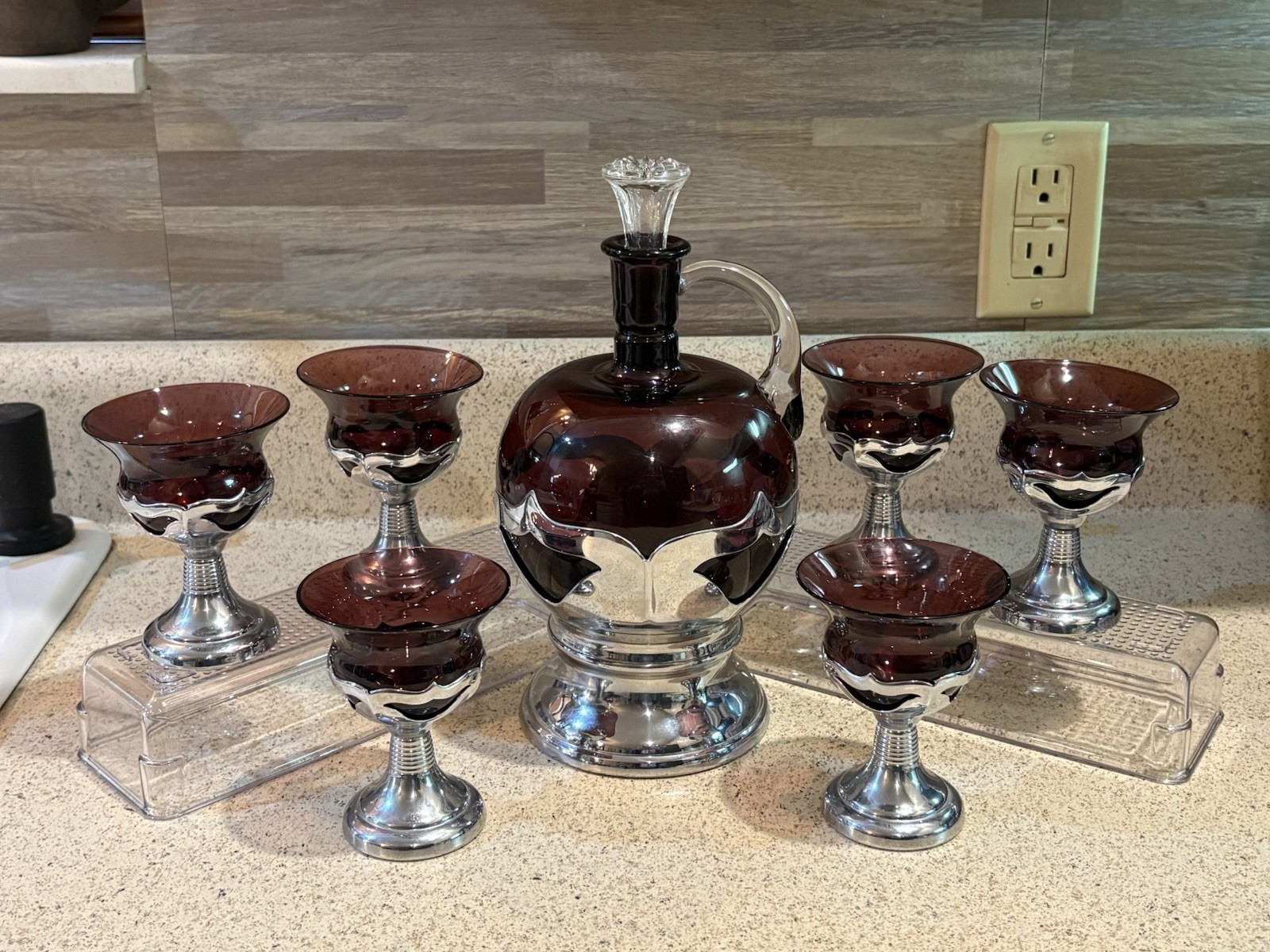 Farber Bros Krome Kraft Amethyst Cocktail Decanter with 6 Glasses