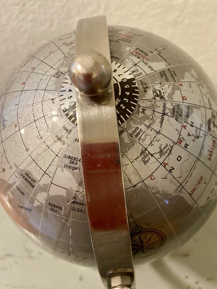 Metal Chrome World Globe Map Rotating Desktop Decor 8” Tall