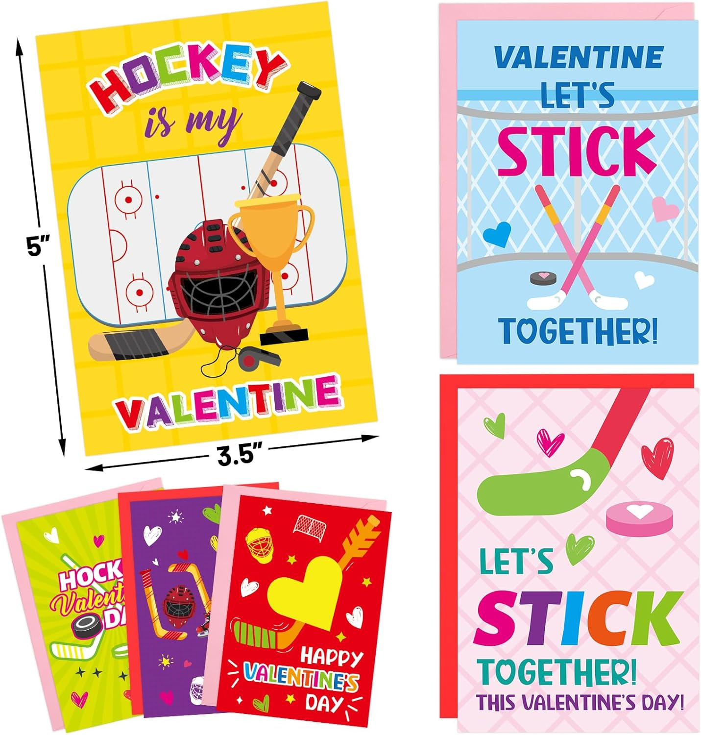 Hockey Valentine's Day Cards with Envelopes, 12-Pack for Kids