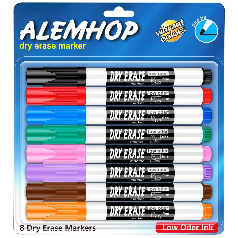 Fine Tip Assorted Dry Erase Markers (8), Multicolor, Low Odor