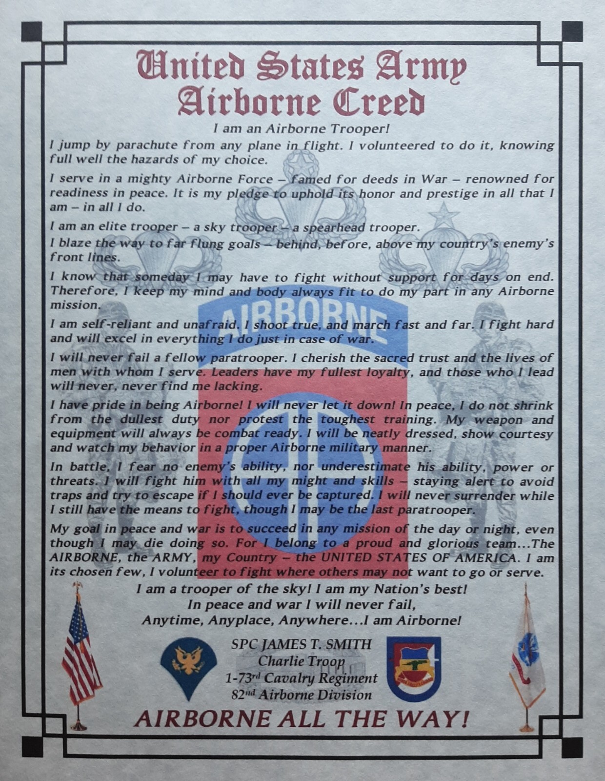 MC-NICE: ARMY Airborne Creed 82nd Airborne Division PERSONALIZED