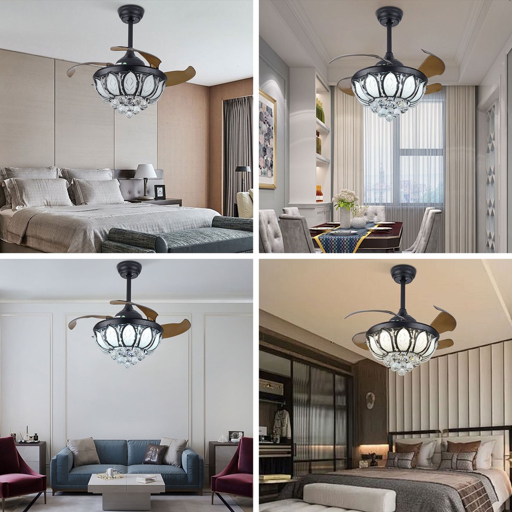 Retractable Fan Ceiling Light K9 Crystal 3color Ceiling Fan Light Remote Control