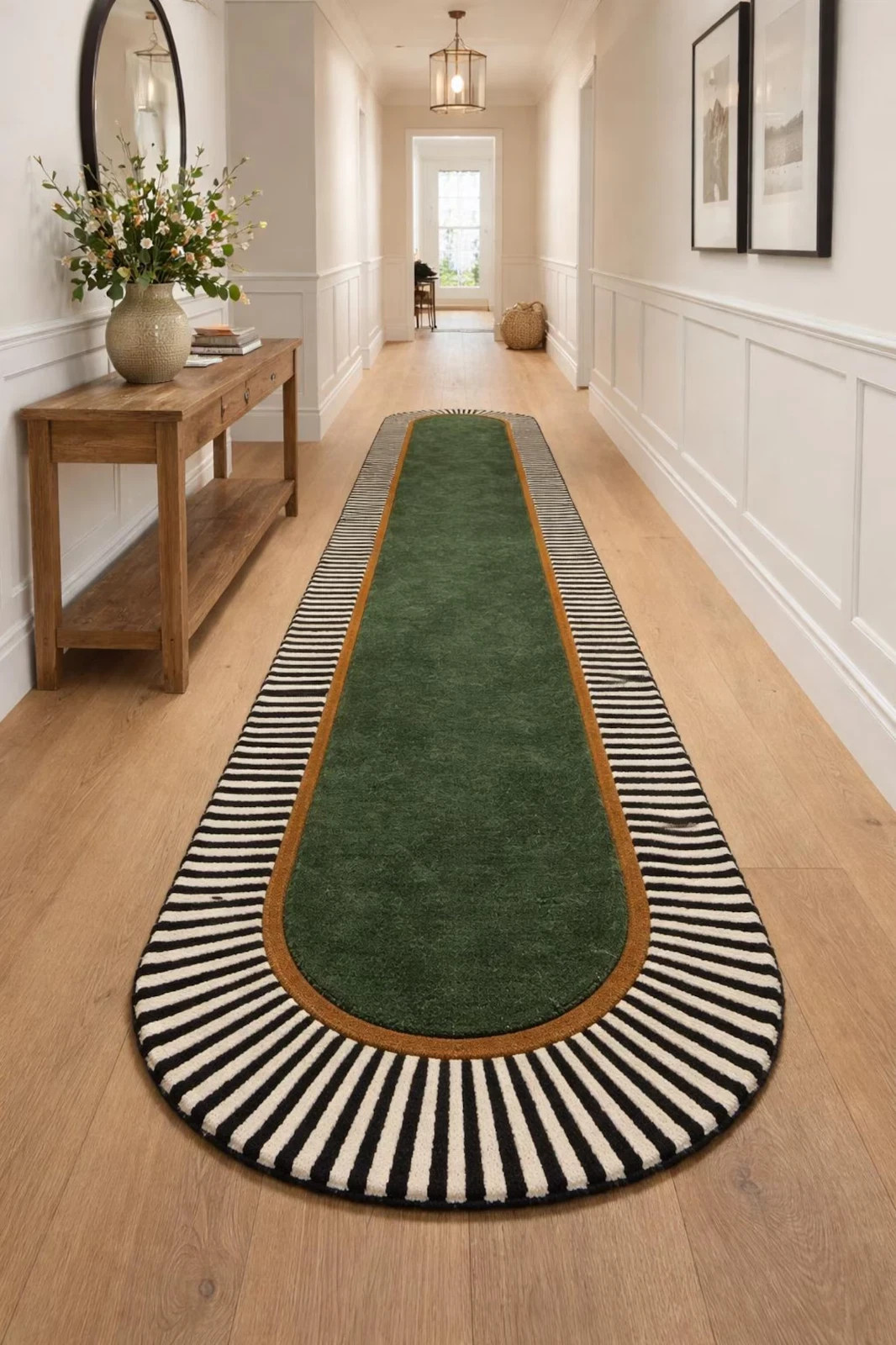 Hand-Tufted Modern Runner Carpet with Green Center & Striped Border |8x10|8x12|