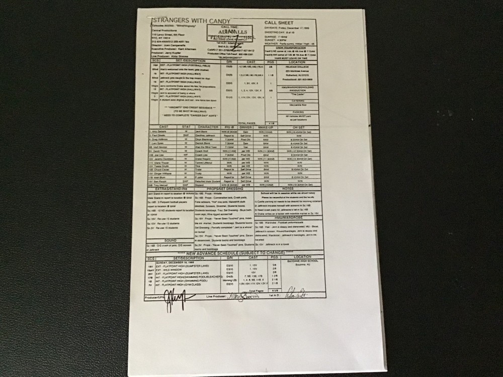 Strangers With Candy Ep. "Blind"- Revised Shooting Draft Script and Call Sheet