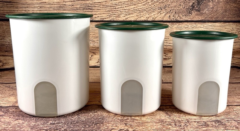 Set 3 Tupperware One Touch Window Reminder Nesting Storage Canisters Green Lids
