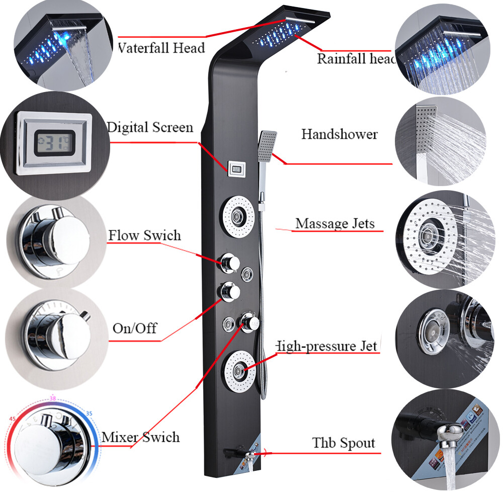 ELLO&ALLO Stainless Steel Shower Panel Tower System,LED Shower Head 6-Function