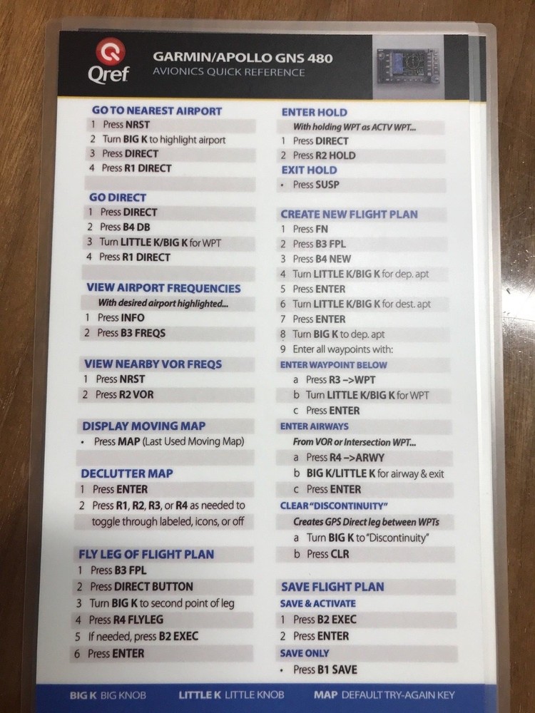 GARMIN APOLLO GNS  480 QUICK REFERENCE CHECKLIST CARD by Qref p/n GA-480-2