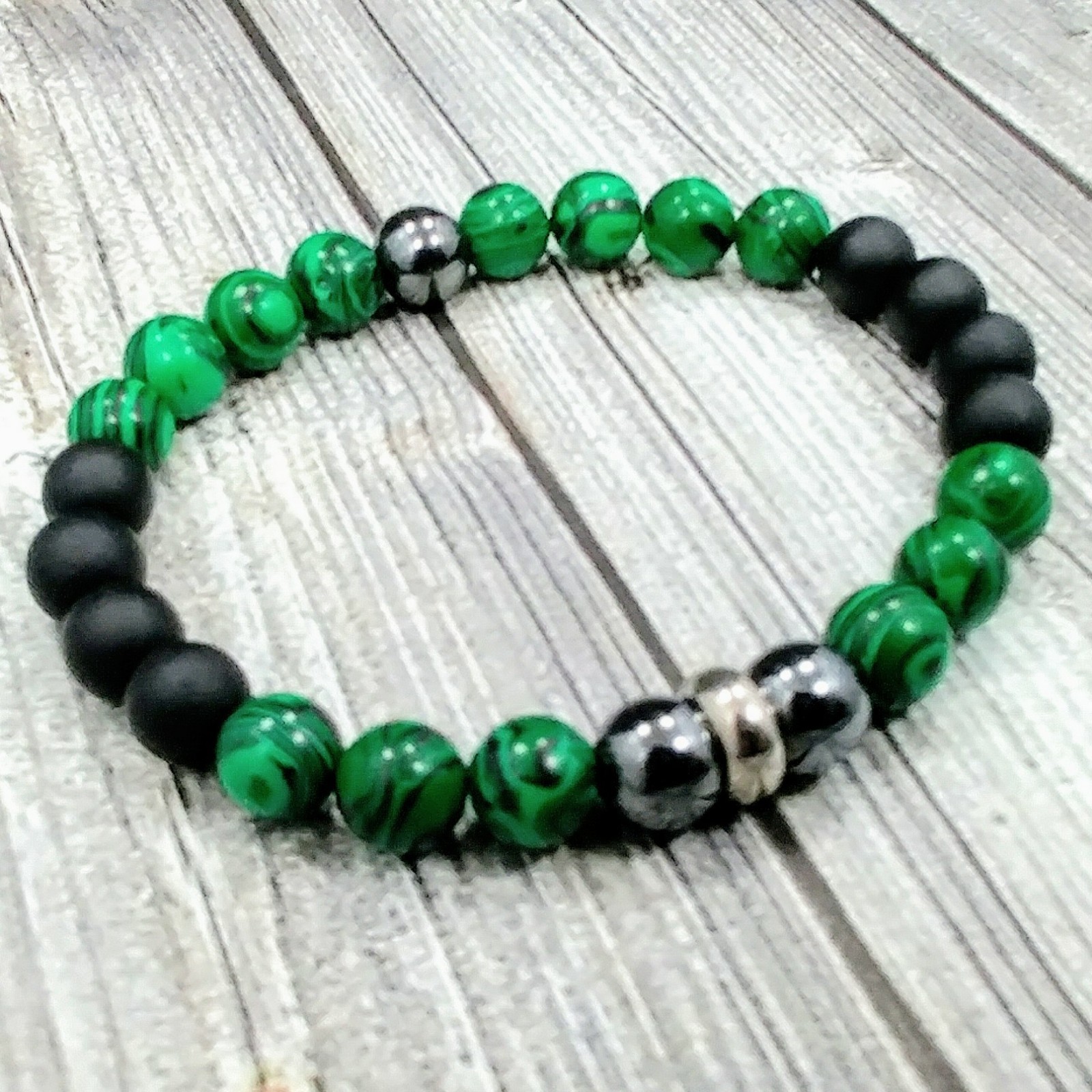 7.5"L STAINLESS STEEL 8mm Malachite+Hematite+Onyx Gemstone Beaded Men's Bracelet