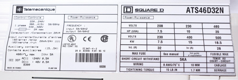 Telemecanique Allistart Soft Start Controller ATS46D32N
