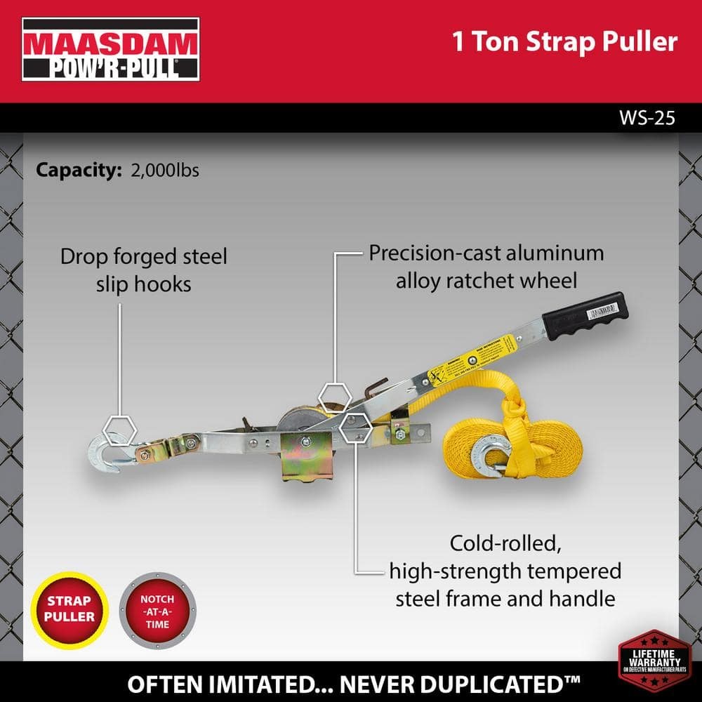 Maasdam Pow'R Pull 2,000 lb. 25 ft. Max Lift 10:1 Leverage Web Strap Puller Tool