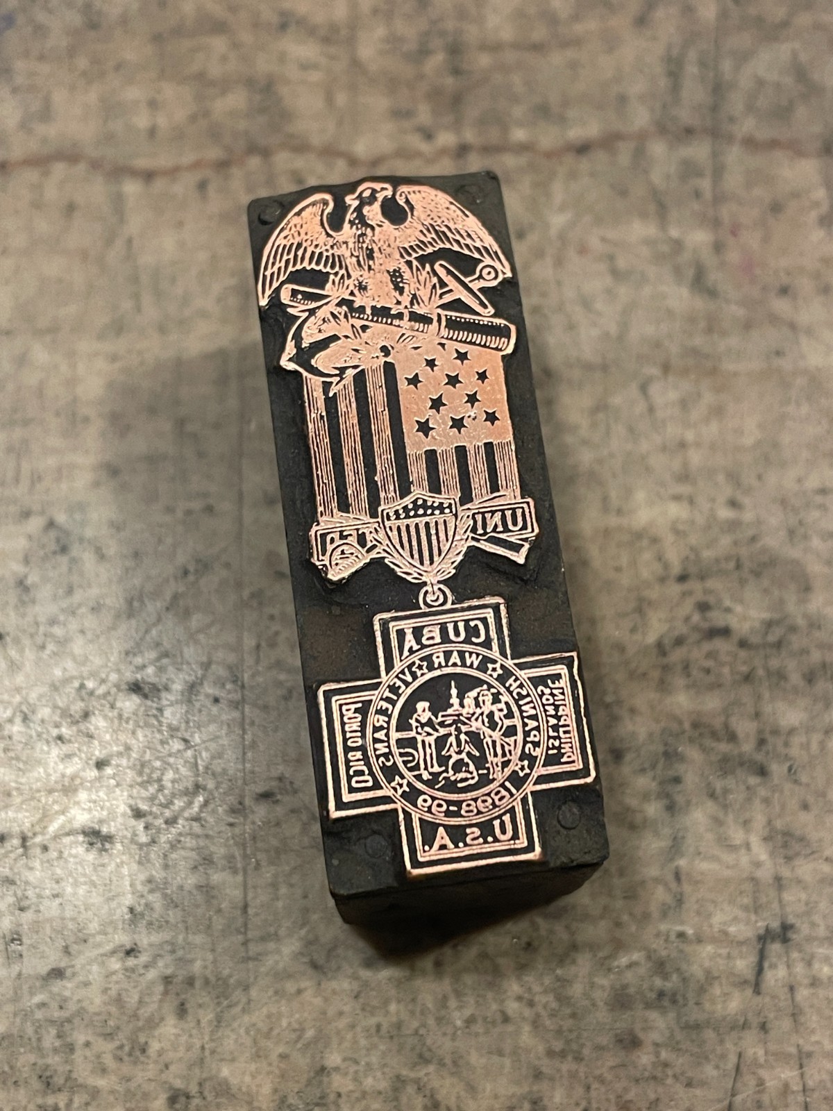 Printing Letterpress Printers Block Copper Spanish American War Medal (1623)