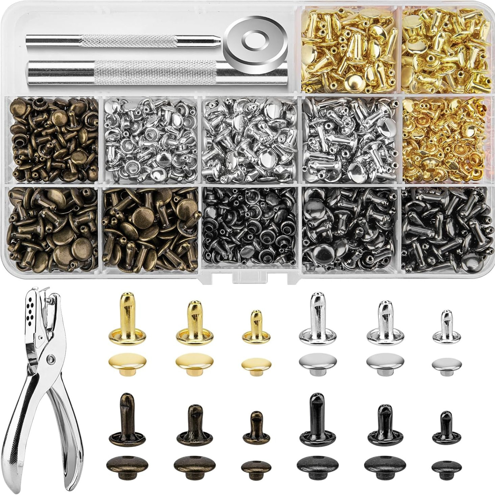 480 Sets Rivets for Leather, 4 Colors 3 Sizes Leather Rivets, Double Cap Rivets