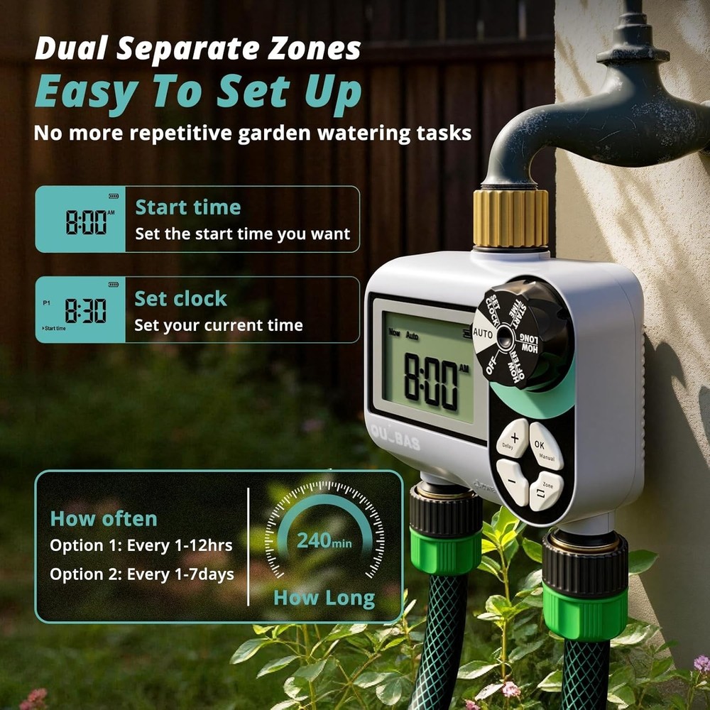 Brass Sprinkler Timer Programmable 2 Zone Water Hose Controller Waterproof LCD