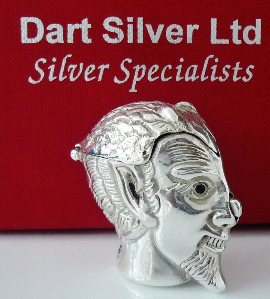 Novelty Sterling Silver Horny Devil Vesta Case, Push Button Nose Release to Open