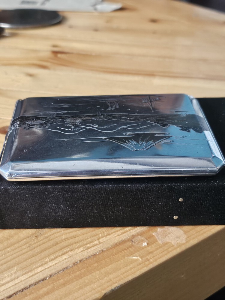 Beautiful 950 Solid Silver Japanese Niello Cigarette Case Signed & 950 Silver