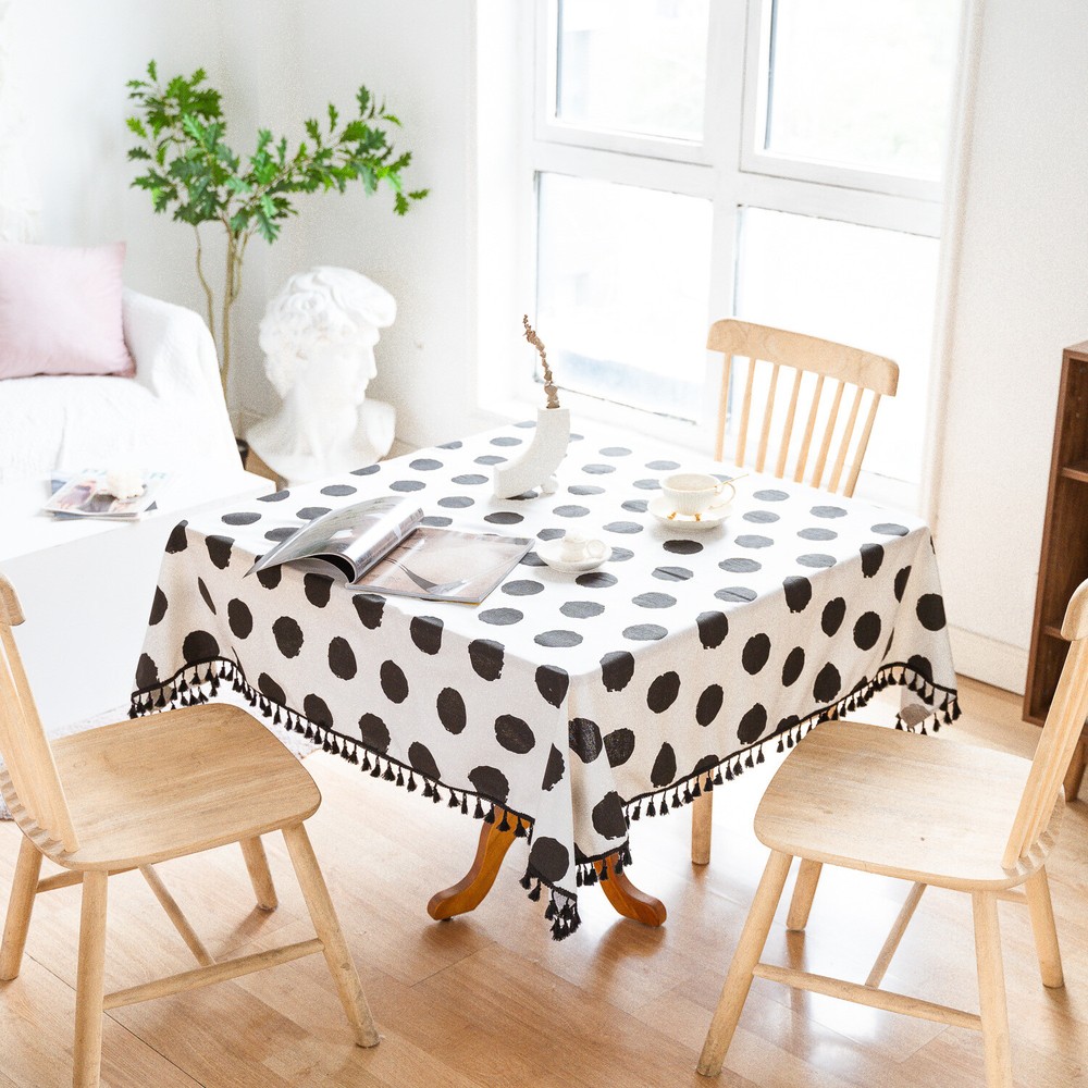 Round Tablecloth Tassel Black White Printed Oval Dot Rectangular Table Cloth