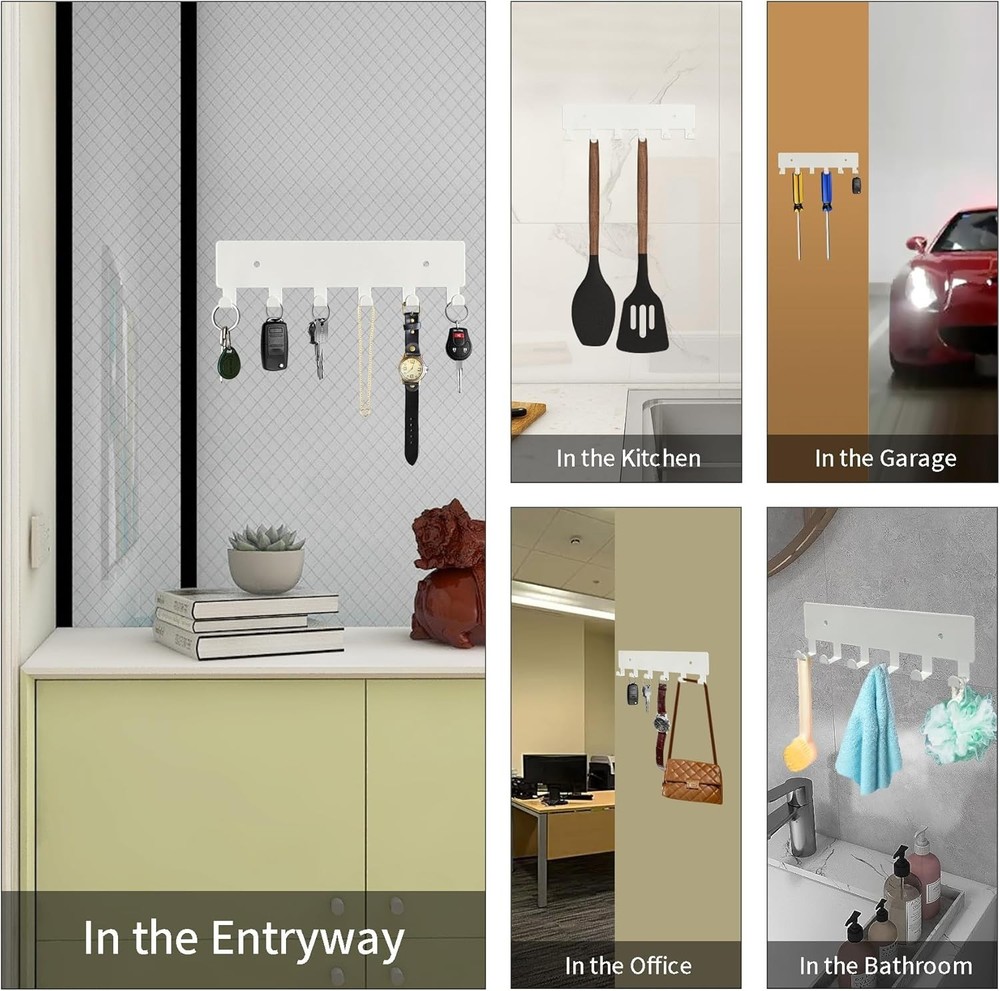 Wall Key Holder with 6 Hooks White Wall Mounted Key Rack Rust Resistant Pract...
