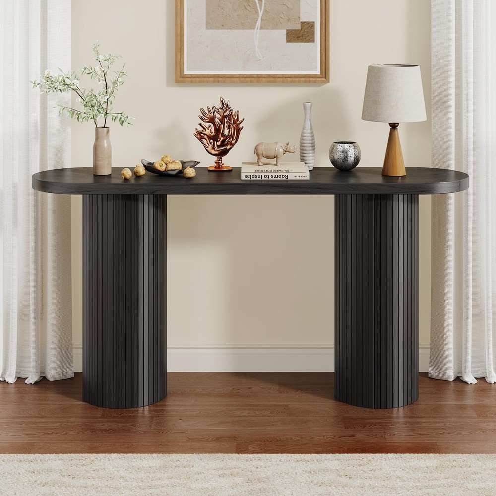 55 Inch Entryway Console Table, Fluted Sofa Table Behind The Couch, Mid-Centu...