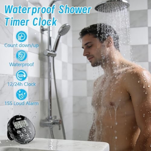 Digital Waterproof Shower Clock Timer, Bathroom Shower Countdown Dark Black