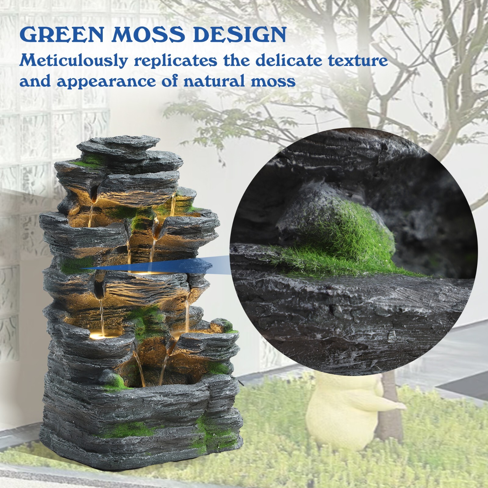 7Tier Cascading Rock Water Fountain 24" H Outdoor Fountain w/LED Light and Pump