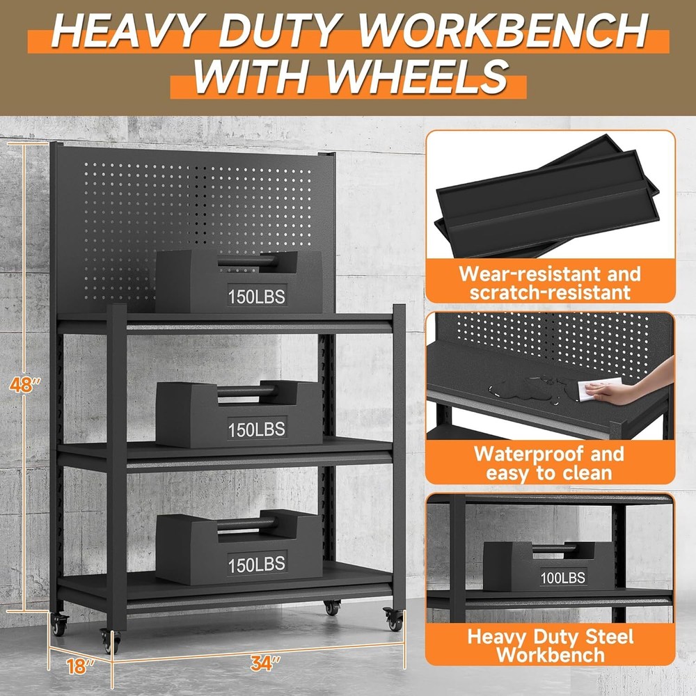 Workbench with Pegboard,Adjustable Heavy Duty Work Table with Wheels,18"x34"x32"