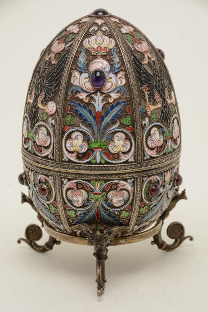 LARGE RUSSIAN Enamel Silver Antique FABERGE Easter Egg Gem Set