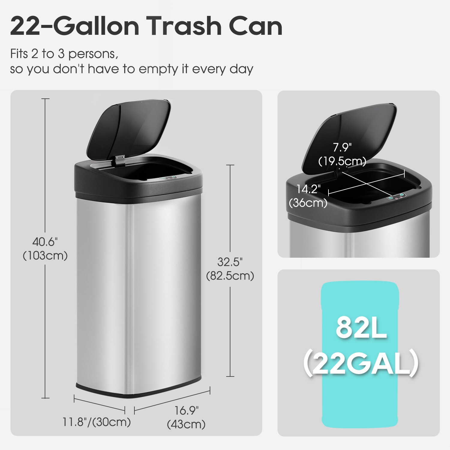 22 Gallon Automatic Sensor Trash Can, Touchless 82L Stainless Steel Trash Bin