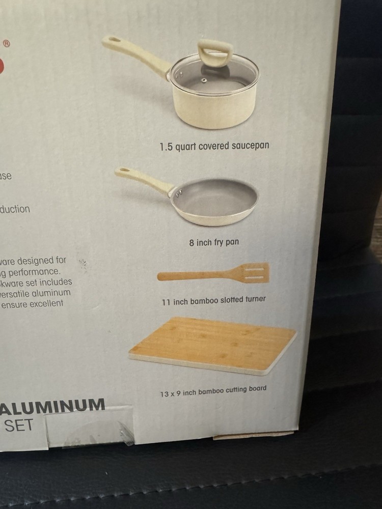 Basic Essentials 5 Pc. Non-Stick Aluminum Cookware Set Cool Touch Handles Cream