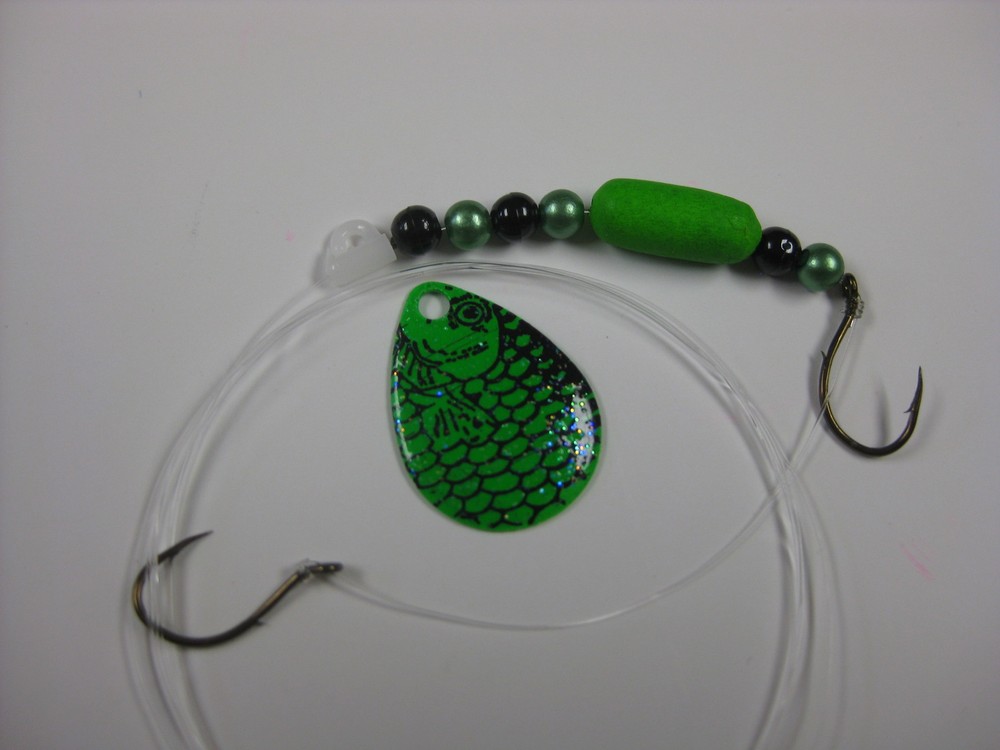 Walleye 2 Hook Floating Float  Spinner Blades Rigs Crawler Harness (Green Fish)