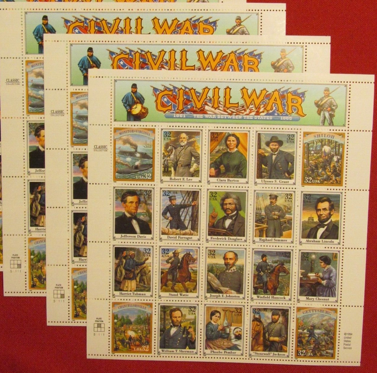 Three Sheets x 20 = 60 of American CIVIL WAR 32¢ US Postage Stamps. USA Sc 2975
