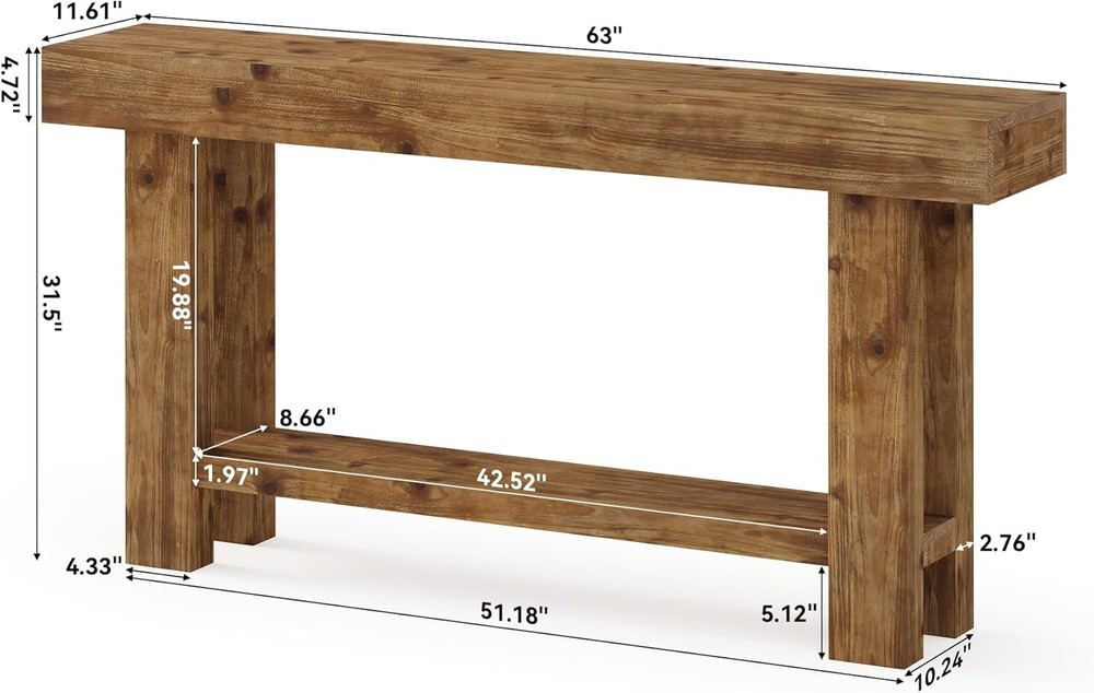 63'' Solid Wood Console Table Farmhouse Narrow Entryway Sofa Table with Storage