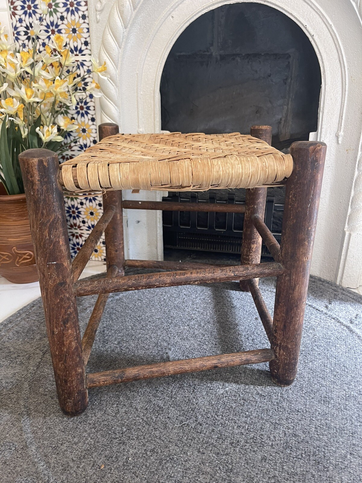 Vintage Oak Footstool Stool Ottoman With Trapezoid Woven Rush Top Handmade