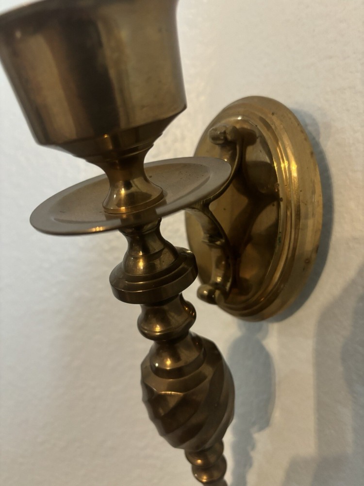 Vtg Solid Brass Wall Sconce Candle Holder Twist Design 10”