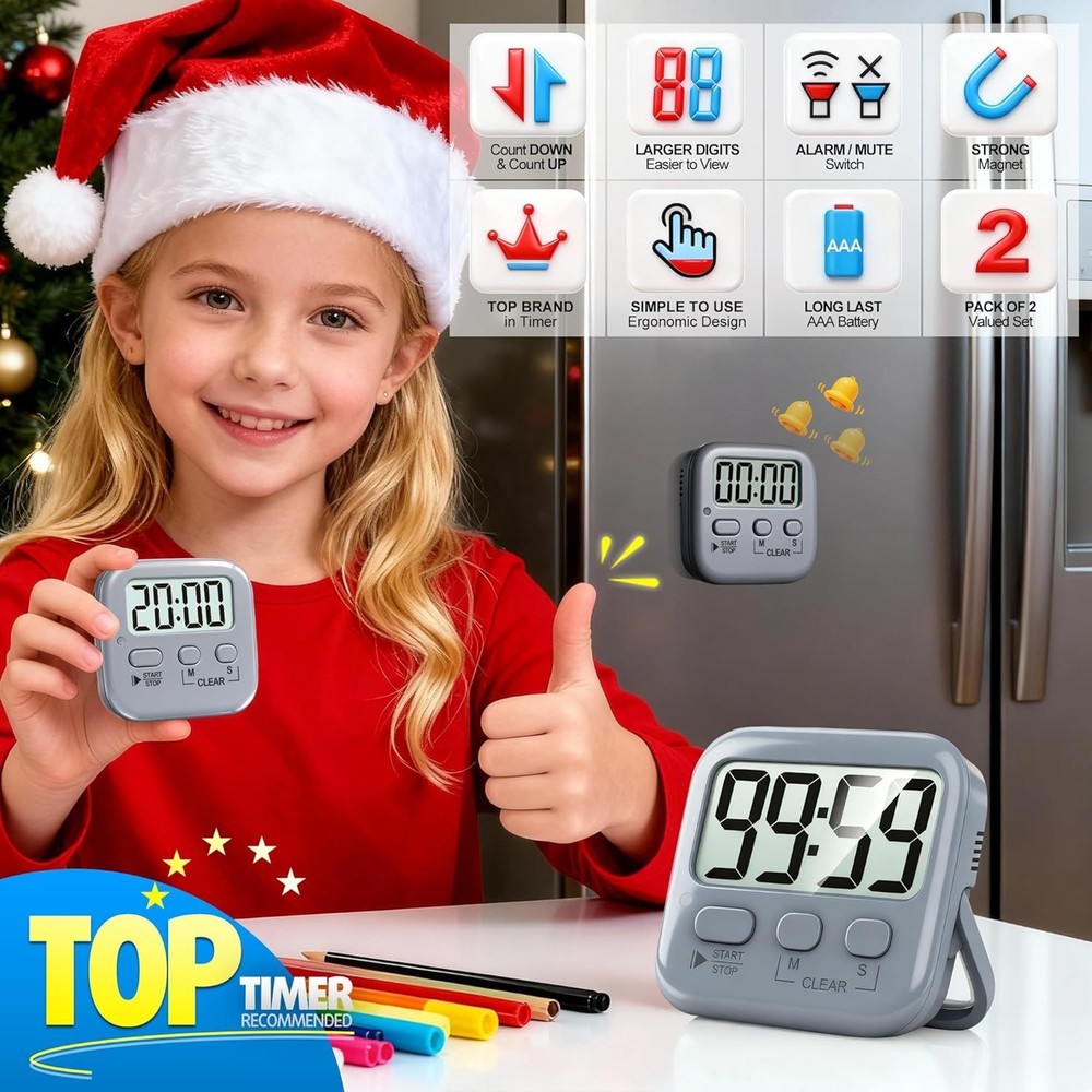 2 Pack Digital Timer for Kids, Magnetic Countdown Kitchen Timers for Cooking,...