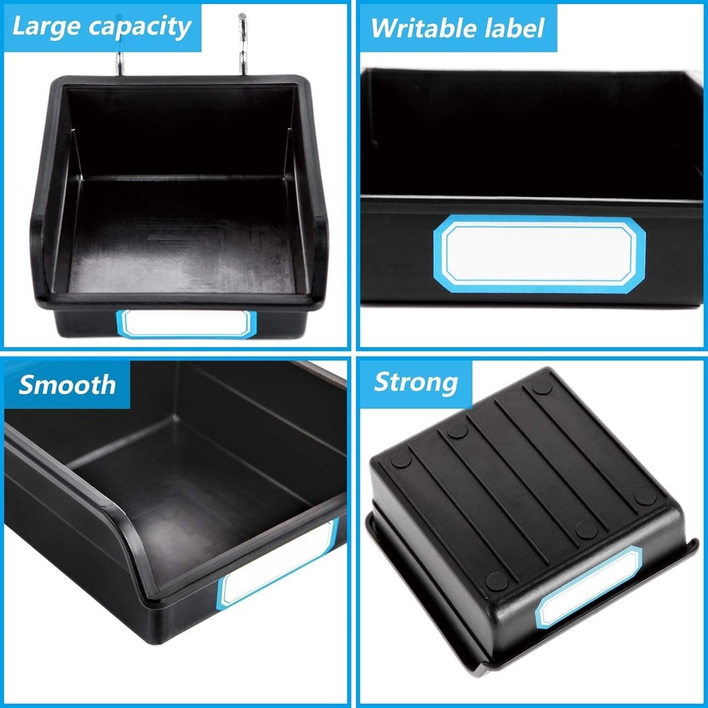 10-Pack Black Pegboard Bins with Metal Hooks & Labels - Durable Storage Solution