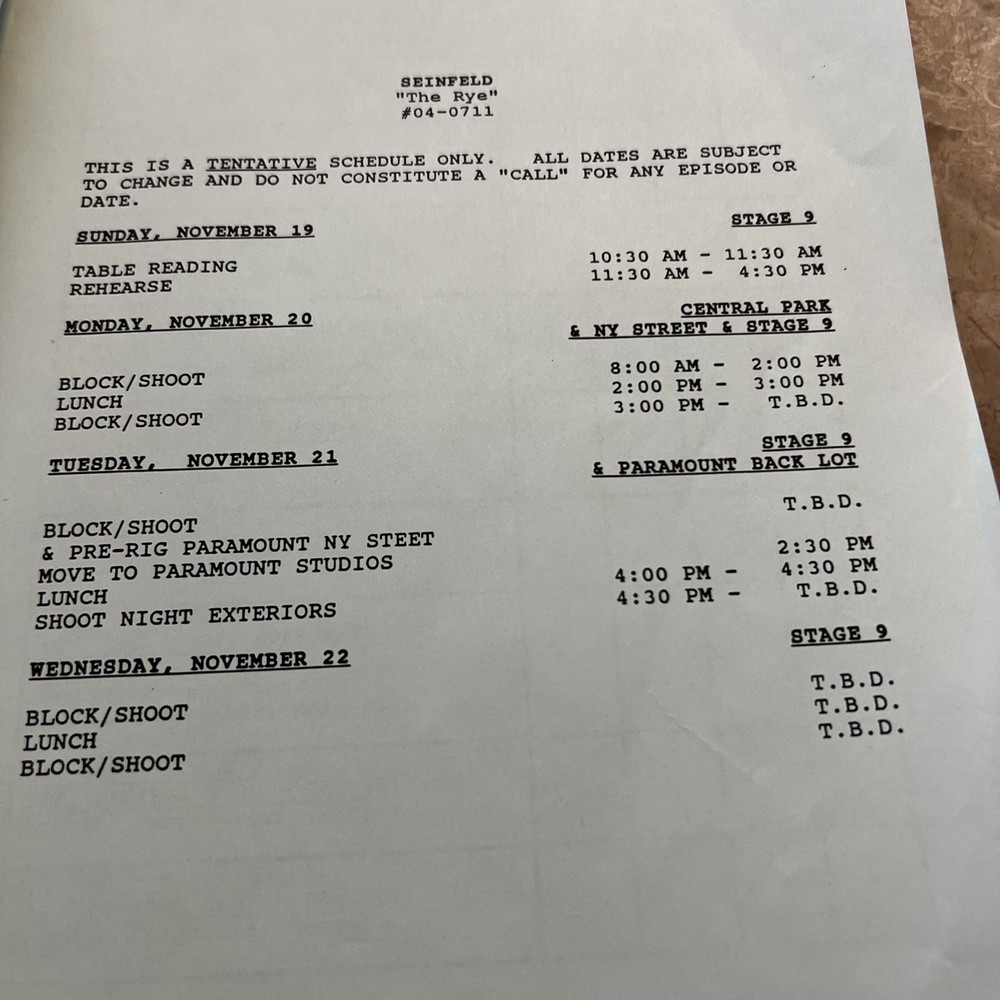1995 Seinfeld Used Television TV Sitcom Script "The Rye" Revised Table Draft