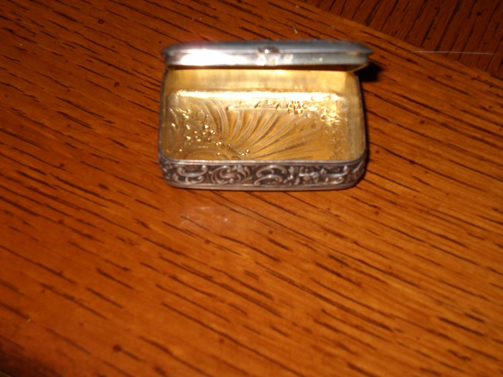 Antique silver rectangular snuff box gilt interior , 2" x 1 1/4". (read)